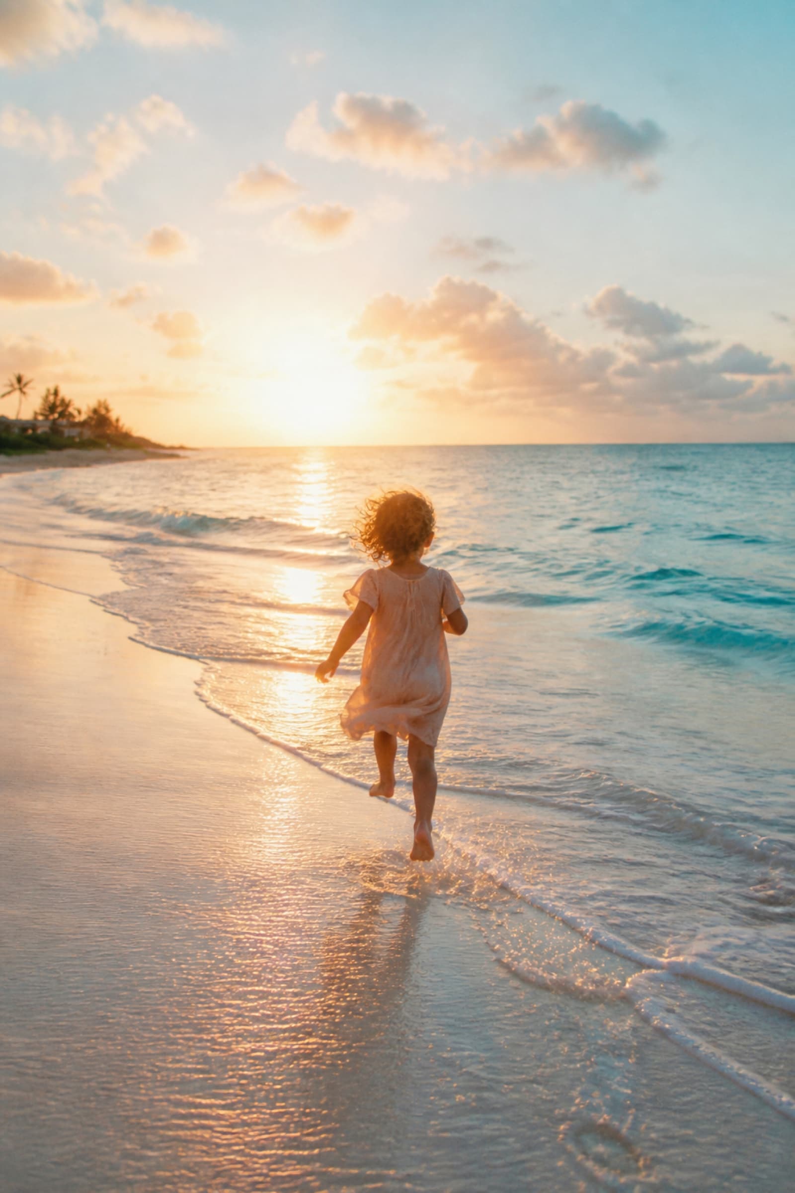 Child running on the beach in golden light