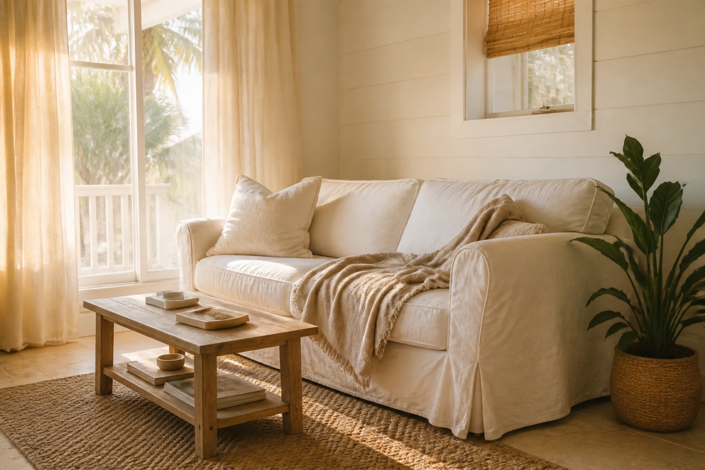 Sunlit coastal living room ready for everyday routines
